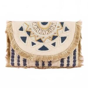 NEW ANARCHY STREET women's beaded fringe trim mandala clutch bag in navy